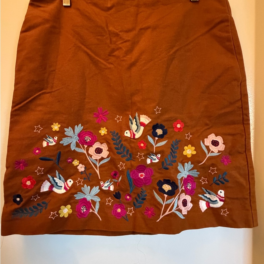 Boden Brown Skirt with Colorful Floral Embroidery